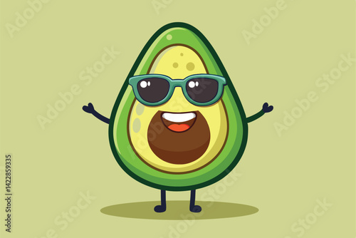 Cartoon avocado character wearing sunglasses smiling raising hands cheerfully