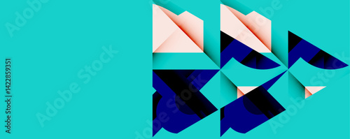 Abstract geometric shapes overlap, creating dynamic composition. Teal background contrasts with peach, navy layers. Modern design evokes depth, movement.