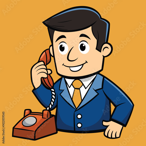 Cartoon businessman answering phone with corded telephone in blue suit illustration