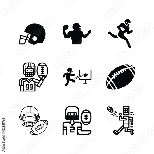 American Football Player Icons Representing Various Game Actions And Equipment