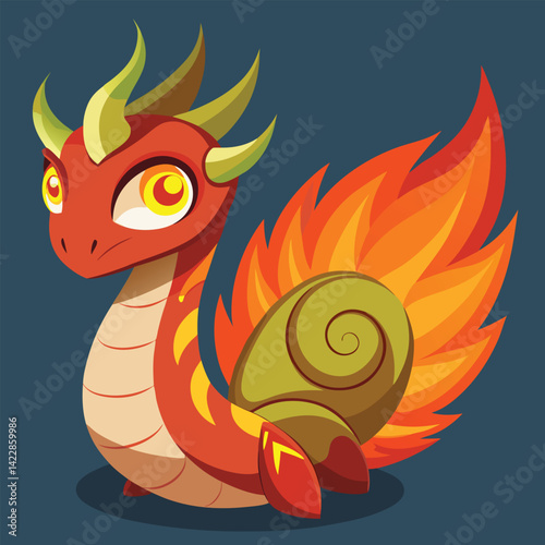 Cartoon fire dragon with snail shell tail illustration for children story books