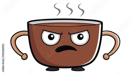 Cartoon hot coffee mug with angry expression and steaming surface
