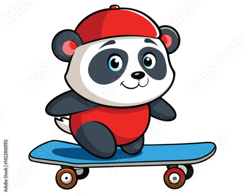 Cartoon panda wearing red hat riding a blue skateboard on white background
