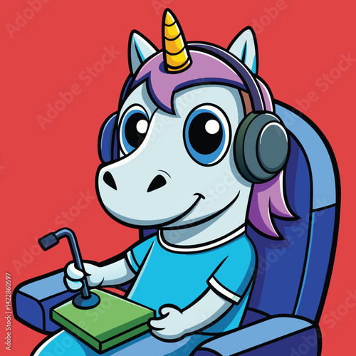 Cartoon unicorn operator sitting in chair holding controls against red backdrop