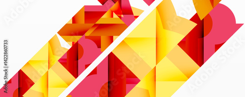 Abstract geometric composition. Bold reds, yellows create dynamic visual impact. Diagonal white line bisects shapes, adding depth, movement. Modern design elements dominate.