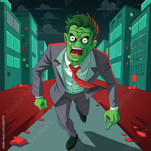 Cartoon zombie businessman running down a city street on halloween night
