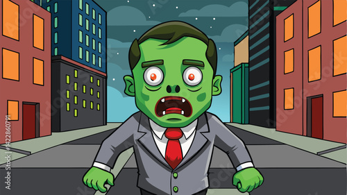Cartoon zombie businessman roaming in a cityscape illustration on a night background