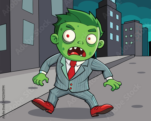 Cartoon zombie businessman walking through city streets at night illustration