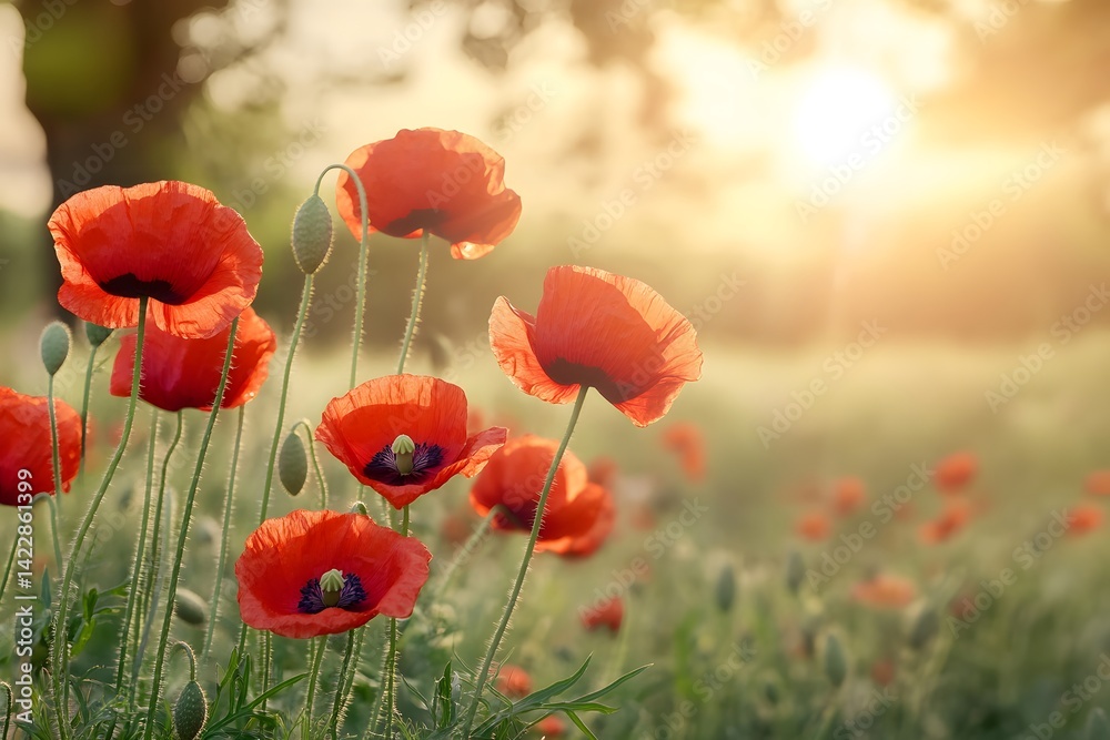 Obraz premium Stunning Red Poppies Field at Sunset Sunrise Landscape