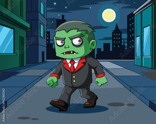 Cartoon zombie walking down street at night halloween illustration vector art