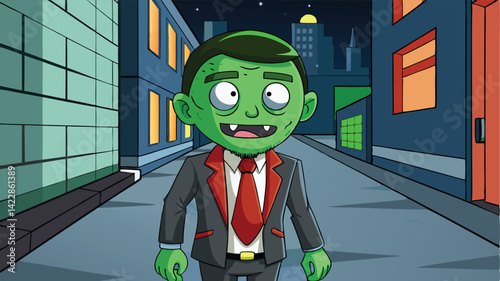 Cartoon zombie wearing a suit walking down a city street at night