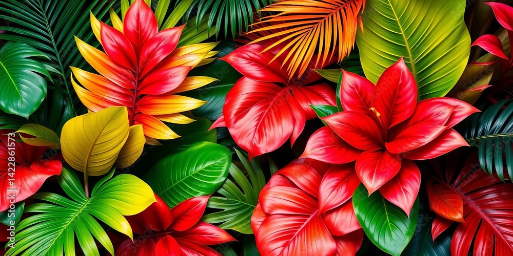 Vibrant tropical foliage backdrop of palm and monstera leaves, element, exotic Vibrant tropical foliage backdrop of palm and monstera leaves, element, exotic