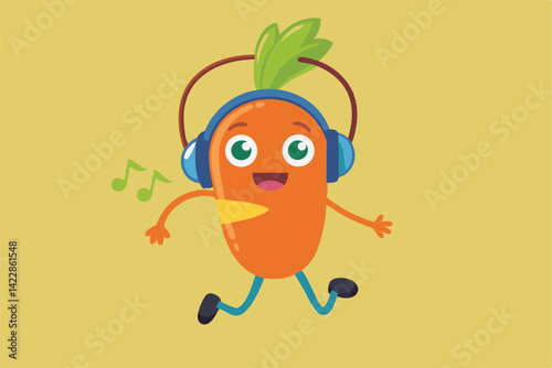 Cheerful cartoon carrot listening to music with headphones having fun