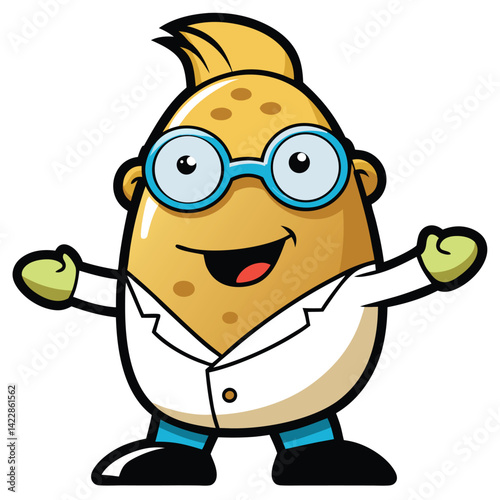 Cheerful potato cartoon character wearing glasses and scientist lab coat vector illustration