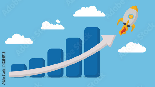 Exponential growth or compound interest, investment, wealth or earning rising up graph, business sales or profit increase concept, financial report graph with exponential arrow from flying rocket