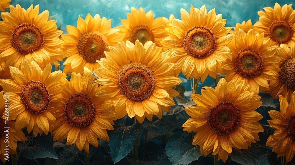 A beautiful anime - style scene featuring a bright blue sky filled with white clouds, a few blooming sunflowers in the foreground bathed in sunlight with petals falling from above. A beautiful anime - style scene featuring a bright blue sky filled with white clouds, a few blooming sunflowers in the foreground bathed in sunlight with petals falling from above.