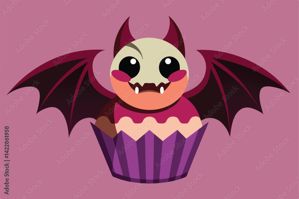 Obraz premium Cute cartoon bat cupcake illustration for halloween themed designs and celebrations