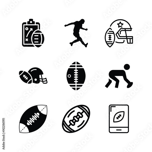 American Football Black Silhouette Icons Vector Set For Sport Related Design