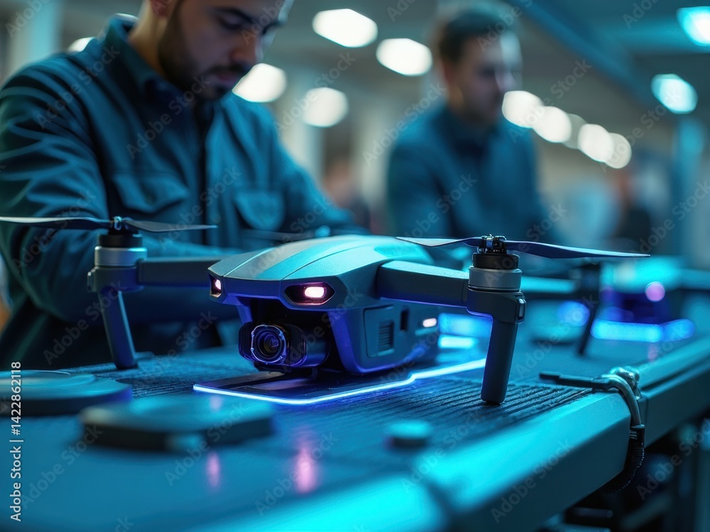 A worker focuses on assembling a drone in a modern production line filled with sleek machinery and neon blue lighting, reflecting innovation and precision.