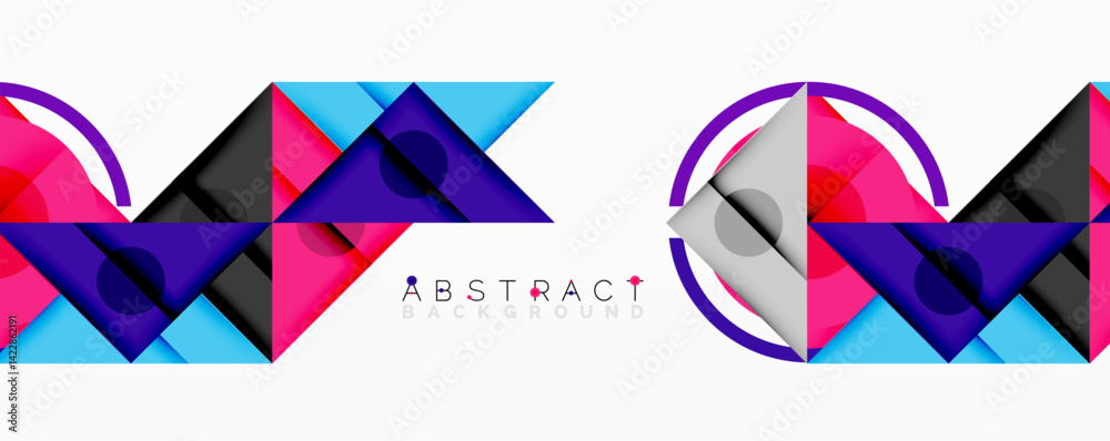 Geometric shapes create vibrant abstract compositions. Triangles, circles overlap, forming dynamic patterns. Colors include pink, blue, purple, black, white. Modern design element. Geometric shapes create vibrant abstract compositions. Triangles, circles overlap, forming dynamic patterns. Colors include pink, blue, purple, black, white. Modern design element.