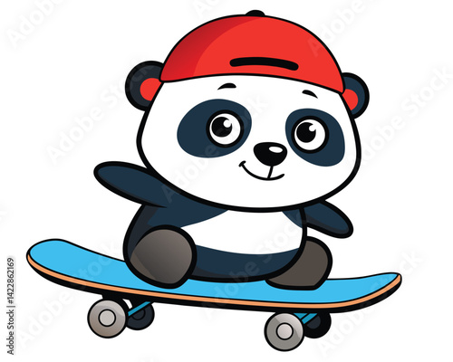 Cute cartoon panda wearing a cap riding a skateboard illustration