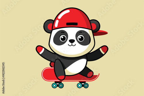 Cute panda cartoon character wearing a red hat on a skateboard vector