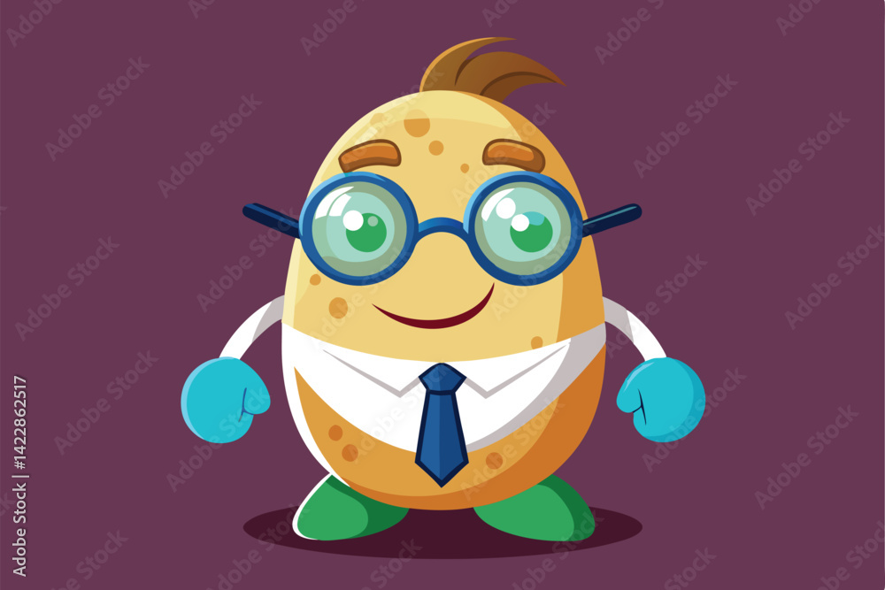 Naklejka premium Funny potato cartoon character wearing glasses and tie on purple background