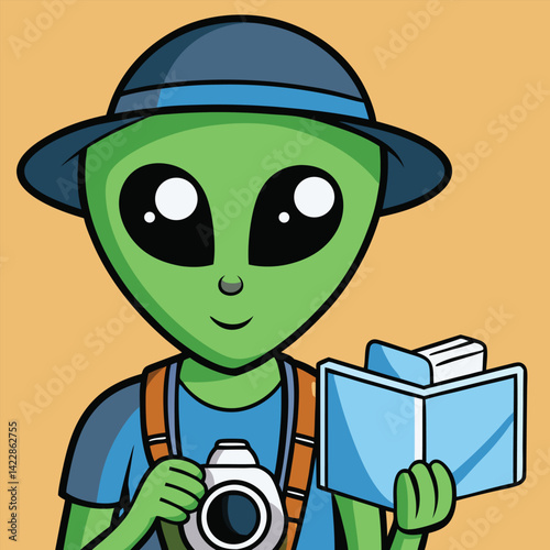 Smiling green alien tourist with camera and travel guide book cartoon illustration