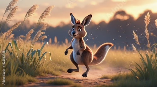 Cartoon kangaroo leaping on a path amidst tall grass during golden hour