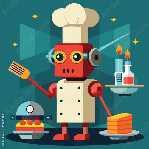 Vector illustration of a robotic chef preparing gourmet dishes with geometric shapes