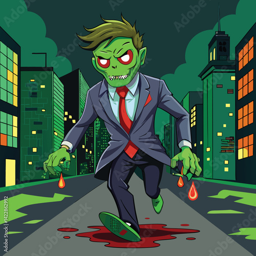 Zombie businessman walking on skateboard in city streets with blood splatter illustration