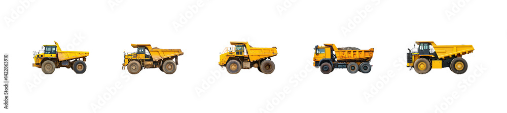 Collection of Articulated Dump Truck side view full length isolate on transparency background