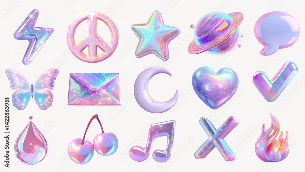 3d y2k hologram design element set