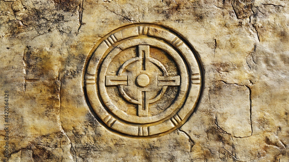 Naklejka premium Carved stone circle design in aged rock, possible historical art, background texture use