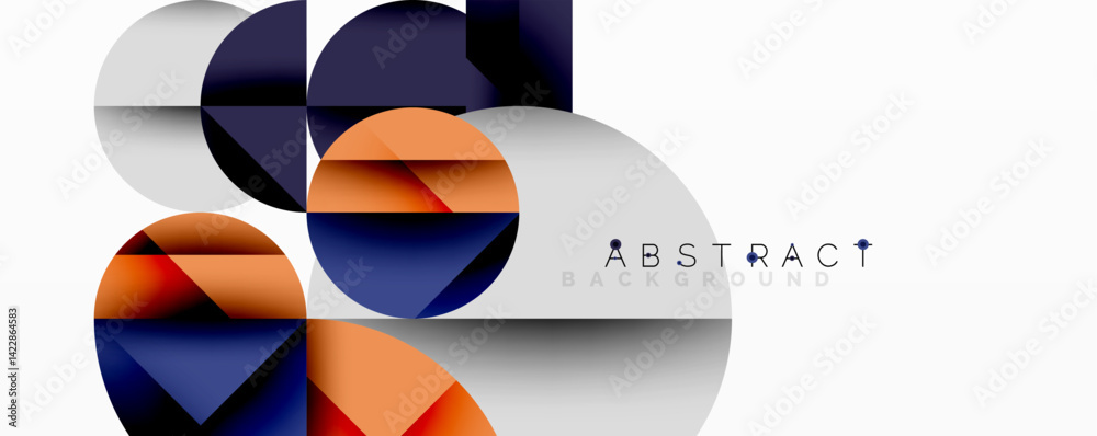 Abstract geometric composition. Overlapping circles create dynamic visual effect. Orange, navy, gray tones dominate design. Minimalist style, modern aesthetic.