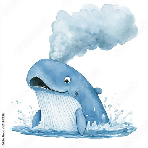 Blue Whale Spouting, vector watercolor illustration, isolated on a white background.