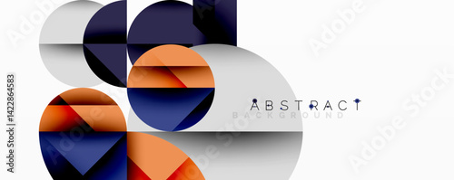Abstract geometric composition. Overlapping circles create dynamic visual effect. Orange, navy, gray tones dominate design. Minimalist style, modern aesthetic.