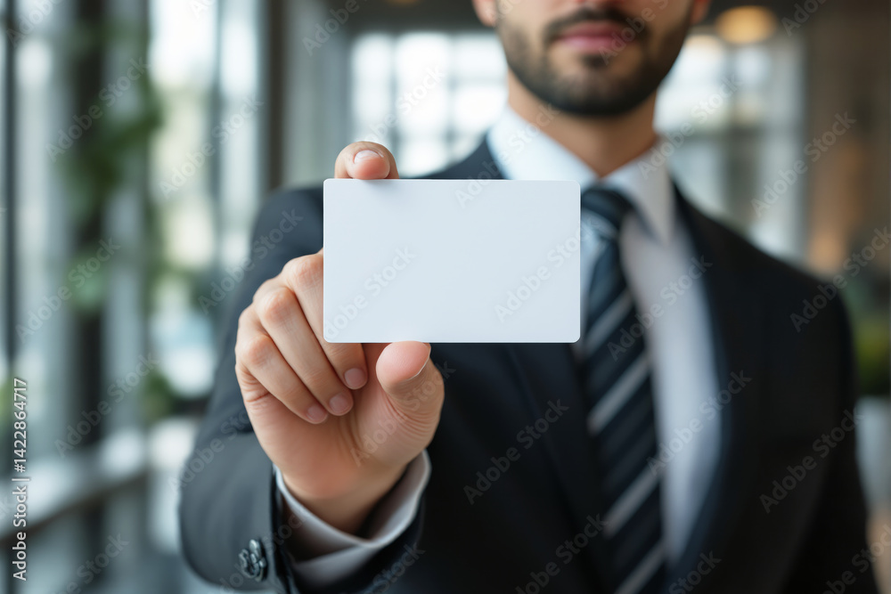 Close-up of businessman in suit holding blank card toward camera, realistic style, office background, concept of professional identity. Ai generative