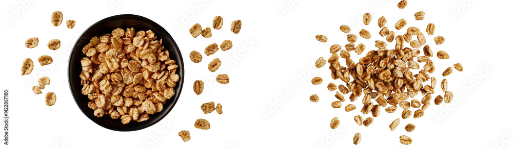 puffed wheat cereal in bowl and pile on white background. puffed wheat cereal in bowl and pile on white background.