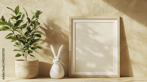 Easter mockup poster frame in cozy rustic interior natural light artistic display tranquil environment