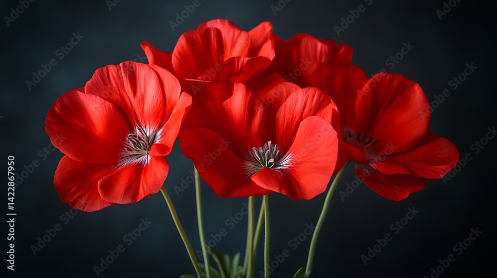 Obraz premium Close-up studio shot of vibrant red poppy flowers bouquet on dark background. Possible use Stock photo for floral design, greeting cards, or nature themes