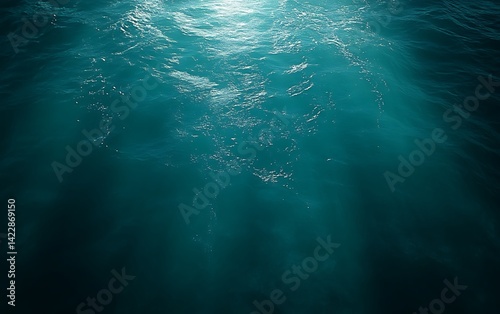 Underwater scene with sunbeams penetrating deep ocean water.