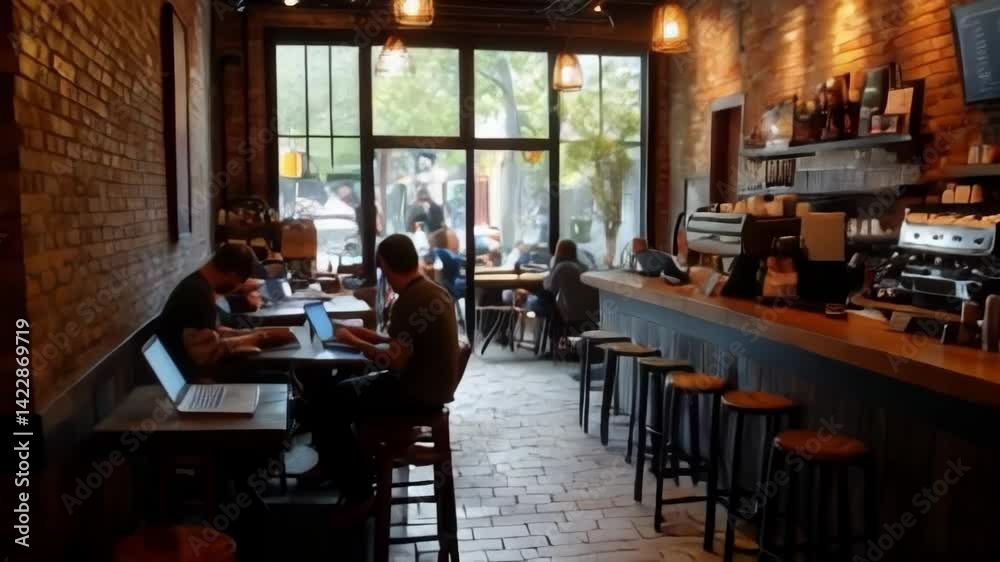 A busy coffee shop with people sitting at tables and using laptops. The atmosphere is lively and bustling A busy coffee shop with people sitting at tables and using laptops. The atmosphere is lively and bustling