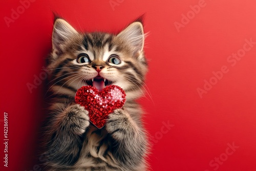 Siberian - my treasured cat. Promotion idea art. Cute siberian baby feline with sparkling rhinestones red heart - emblem of love, funny greeting card. Love and pets photography. Animal love.