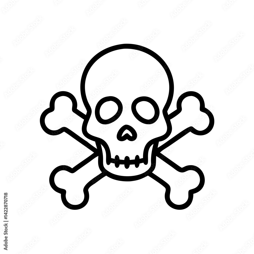 Skull and crossbones icon illustration, symbol of danger and caution, minimalist design, monochrome style