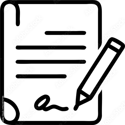 Signed document icon illustration, symbol of agreement and authenticity, minimalist design, monochrome style