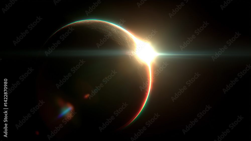 Obraz premium Vibrant rainbow-colored solar eclipse with crescent moon, bright shining celestial phenomenon against black background, vivid colors and ethereal light.
