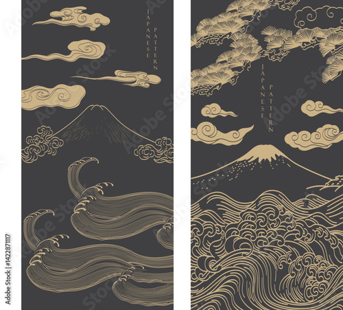 Japanese background with mountain, chinese cloud, bonsai tree and hand drawn wave pattern vector. Abstract template with geometric wave pattern. Cultue layout design in oriental style