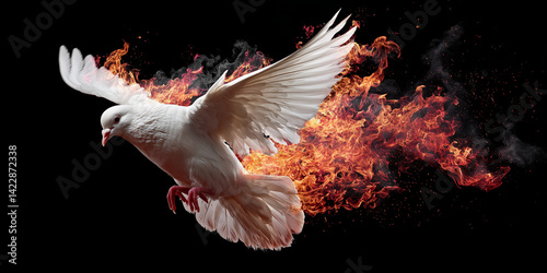 White dove with flaming wings soaring against black background, hyper-realistic style, symbol of peace and transformation.