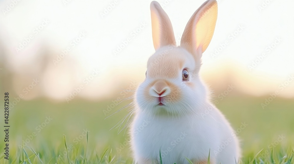 Fototapeta premium Adorable baby rabbit in a grassy field at sunrise